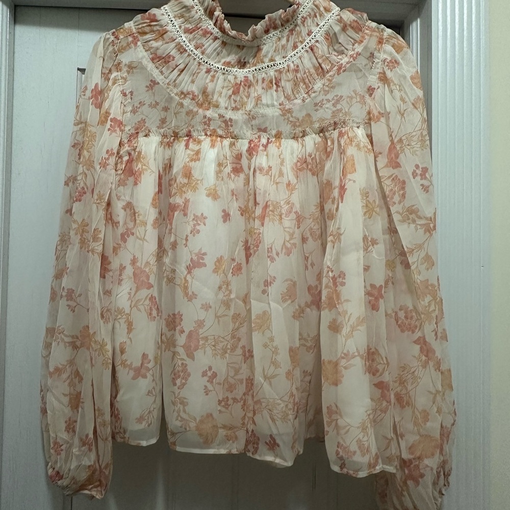 French Connection Ruffled Floral Top in Peach and Cream